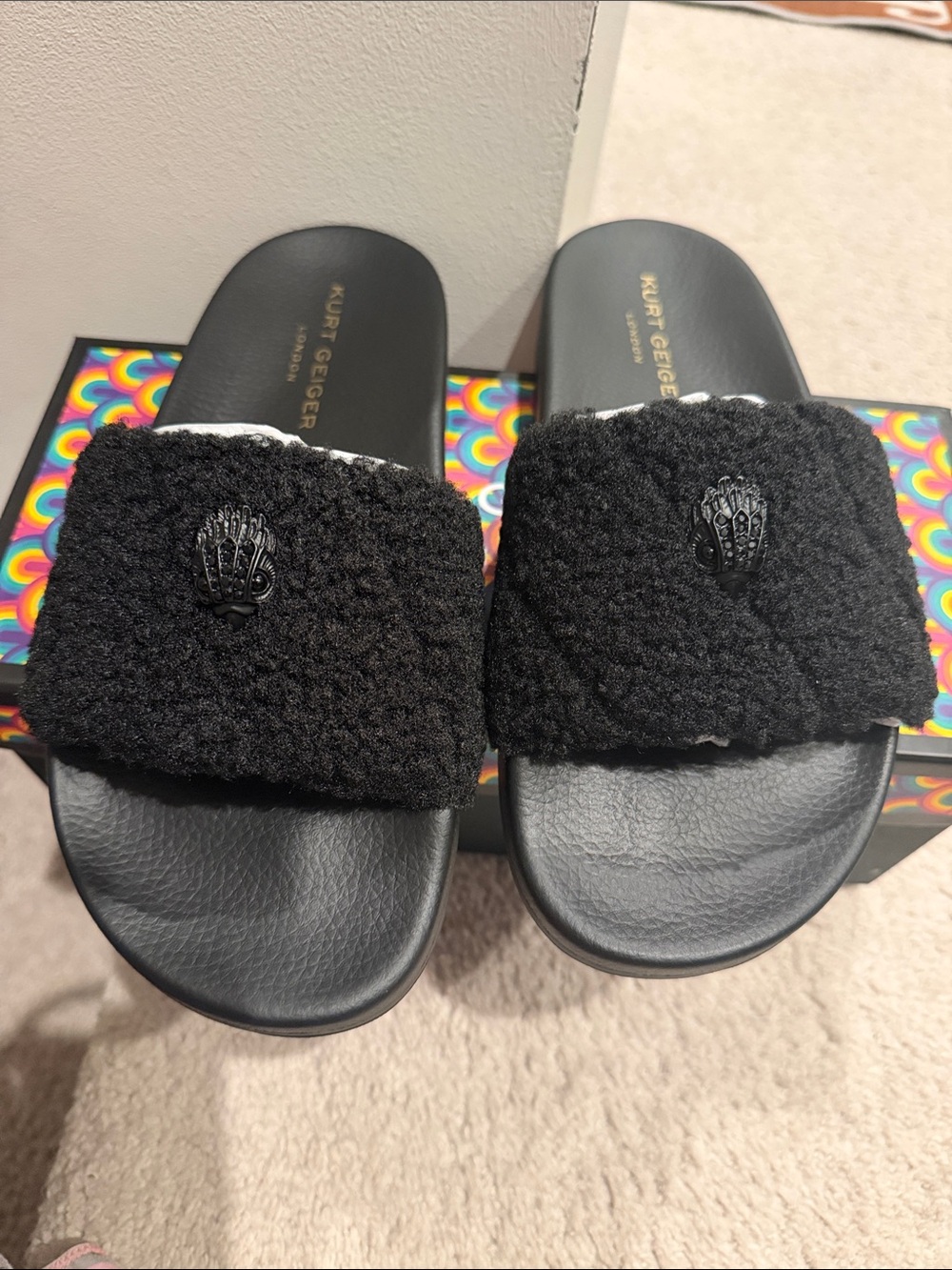 Kurt Geiger Black Sherpa Emblem Slide Sandals